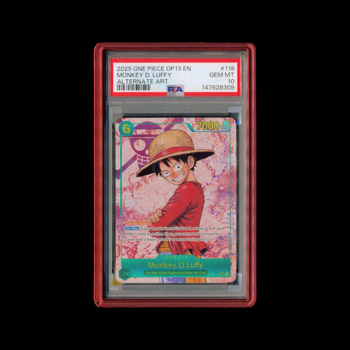 PSA 10 Monkey.D.Luffy OP13-118 Alt Art Carrying On His Will im PSA-Slab, Vorderseite Scan